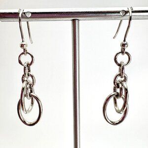 VTG Solid Sterling Silver 925 Oval Round Link Dangle Earrings 1.75" Length